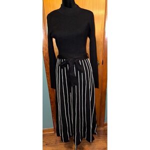Zesica Womens Long Sleeve Ribbed Knit Striped Maxi Dress Tie Waist Medium